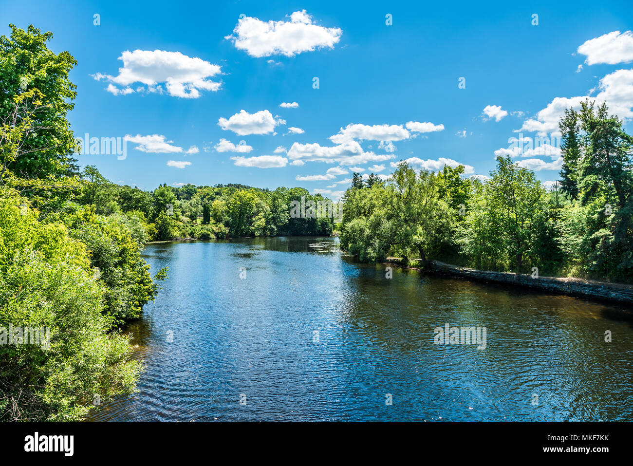 Flowing river with lush forest to either side under a vibrant blue sky ...