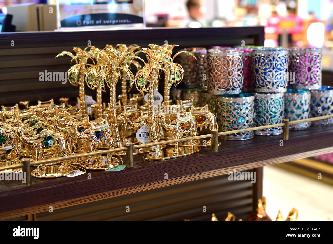 Dubai, UAE April 10. 2018. souvenirs in dutyfree shop at the airport