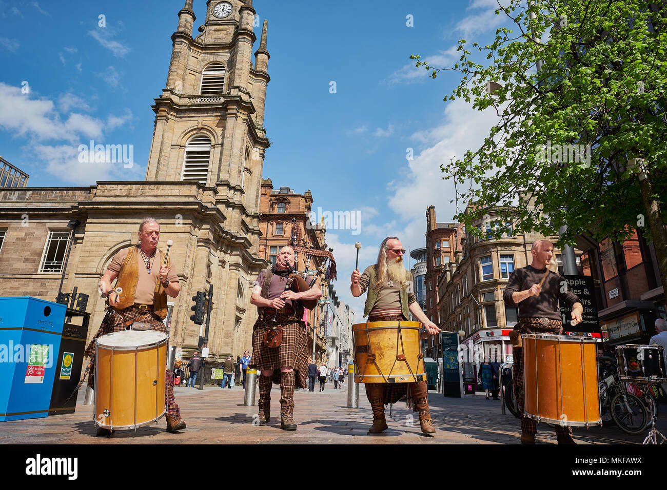Caledonia Scottish Drummers & Bagpipers Buchanan Street Glasgow 2018,05 Alamy only Stock Photo
