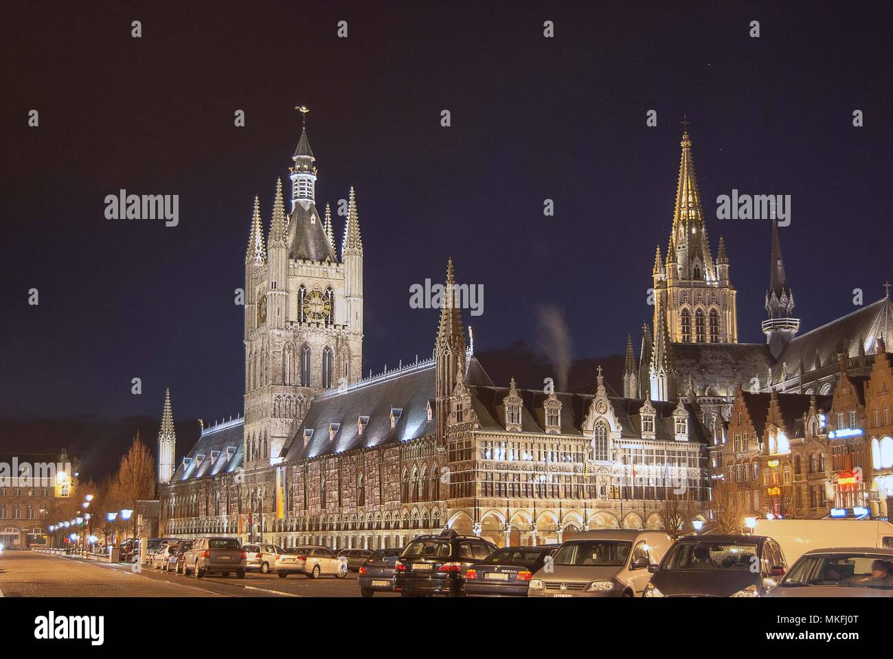 The Magnificent Cloth Hall In Ypres Belgium Illuminated At Night Stock the-magnificent-cloth-hall-in-ypres-belgium-illuminated-at-night-stock