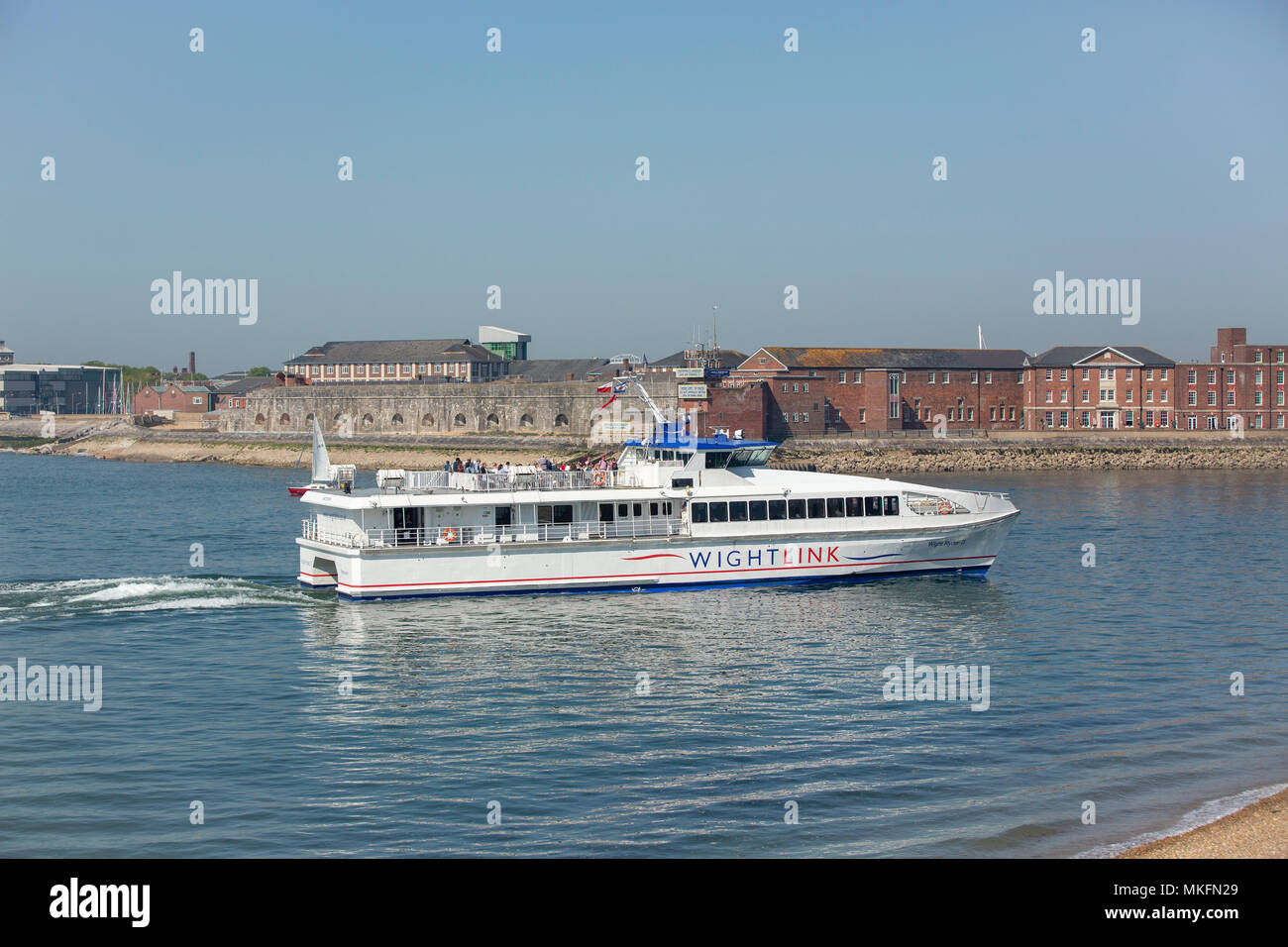 Wight Ryder II operated by Wightlink ferry company arriving in Portsmouth from the Isle of Wight. Stock Photo