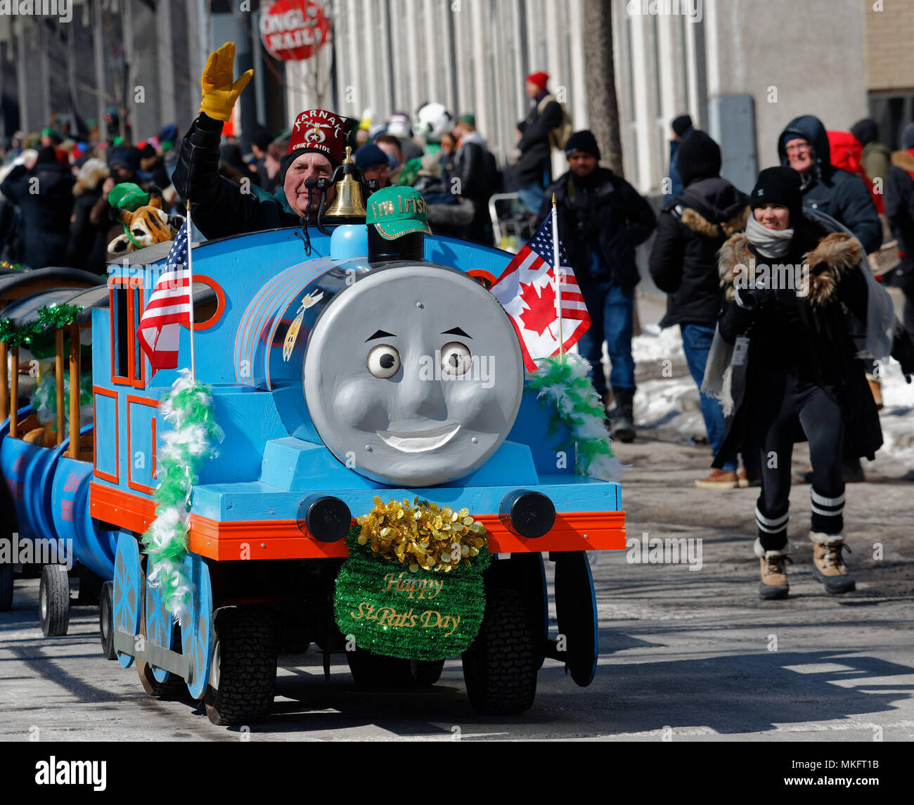 A Thomas the Tank engine float in the Montreal St Patrick's Day parade Stock Photo
