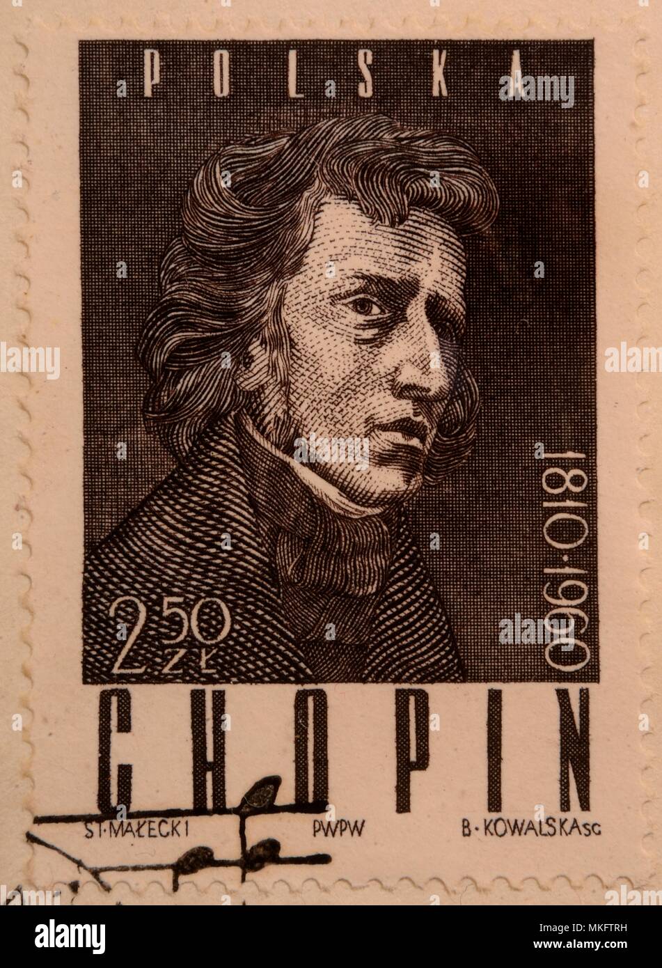 Frederic Chopin, a Polish composer and virtuoso pianist, portrait on a Polish stamp Stock Photo