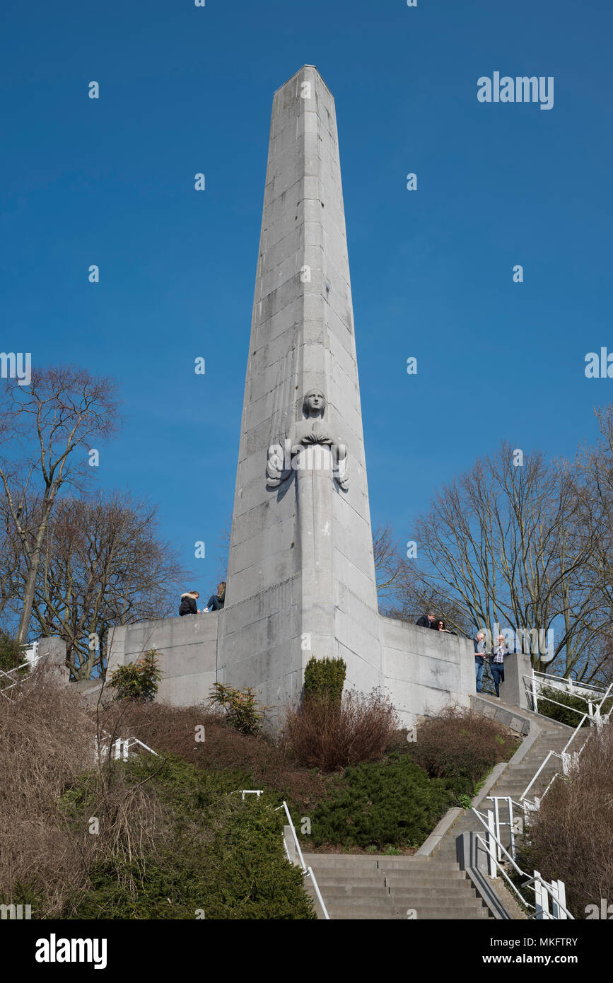 Monument, obelisk above the city, relief angel with sword, First World War, Liège, Wallonia, Belgium Stock Photo