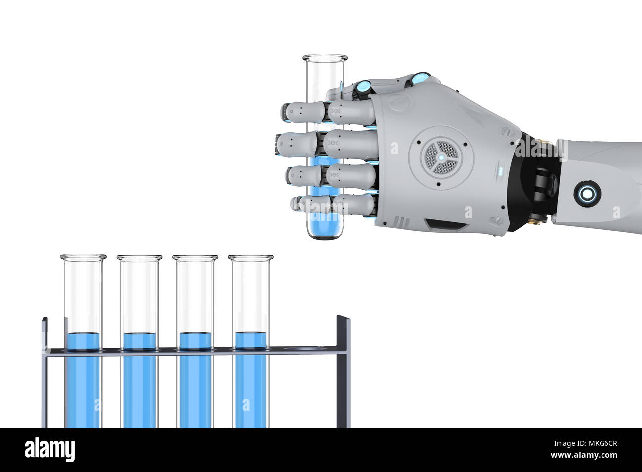 3d rendering robotic hand holding test tube with blue liquid Stock ...
