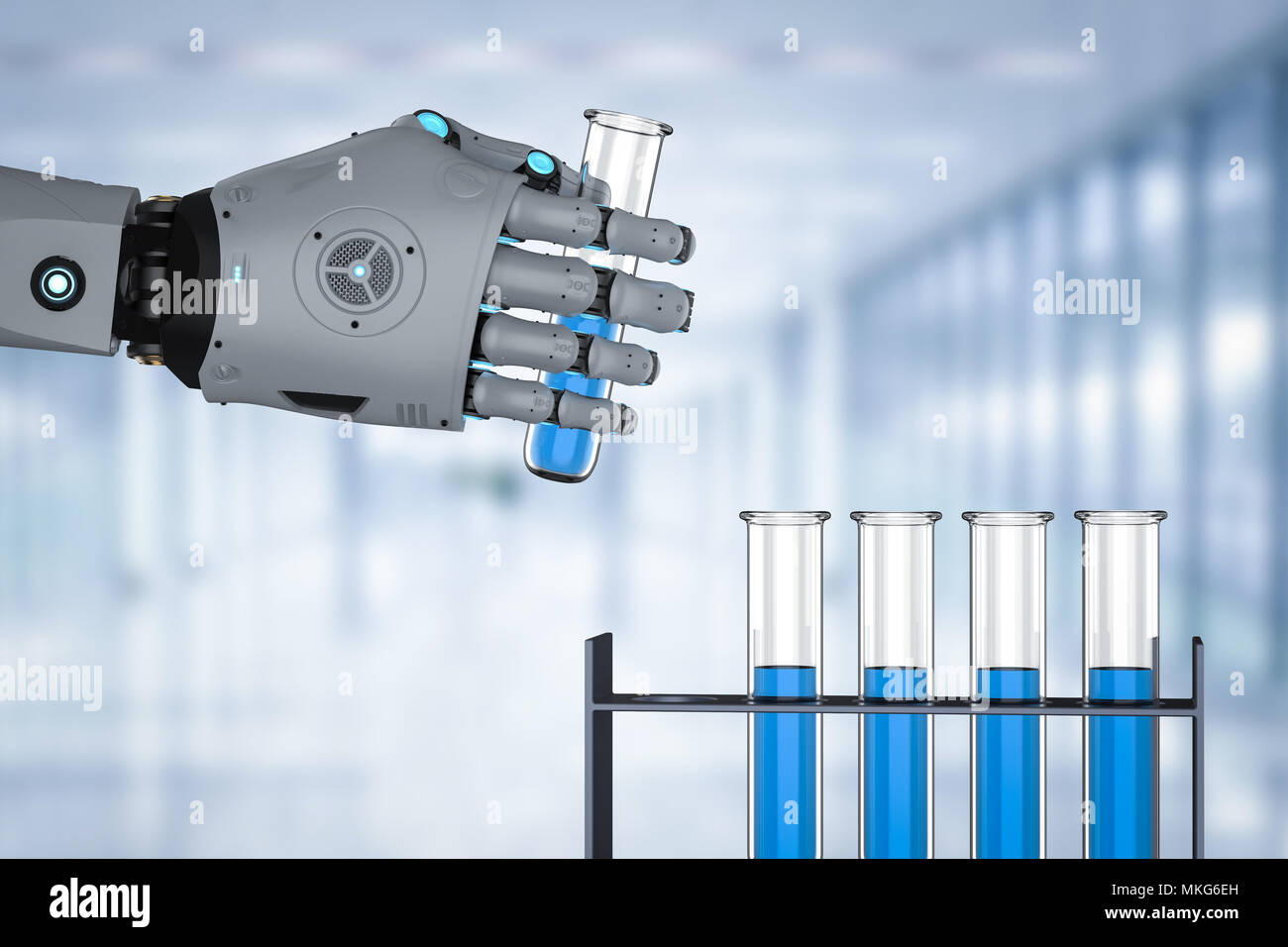 3d rendering robotic hand holding test tube with blue liquid Stock ...
