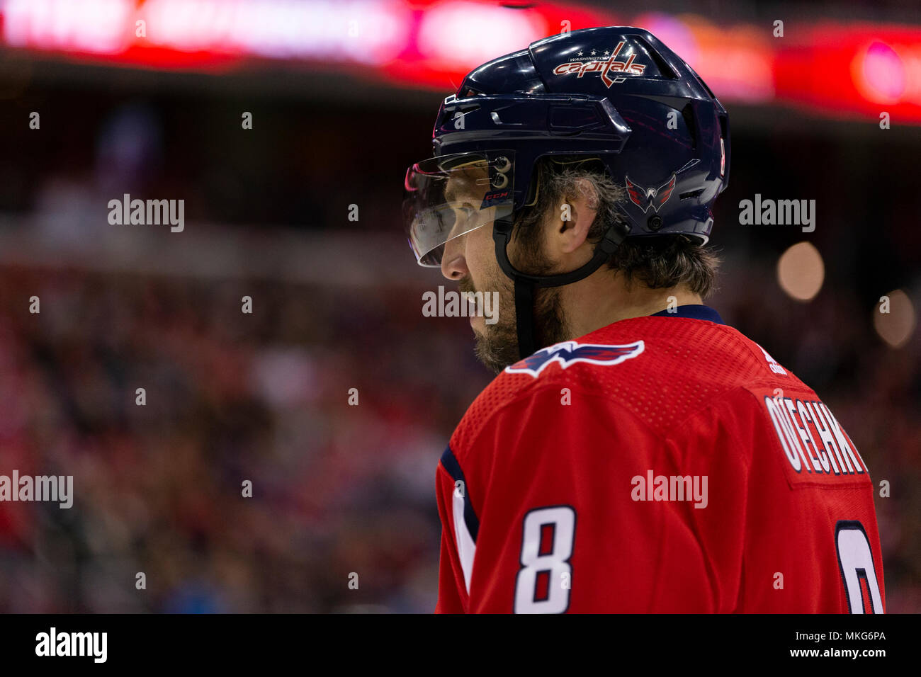 Washington Capitals left wing Alex Ovechkin (8) during a break in play. Stock Photo