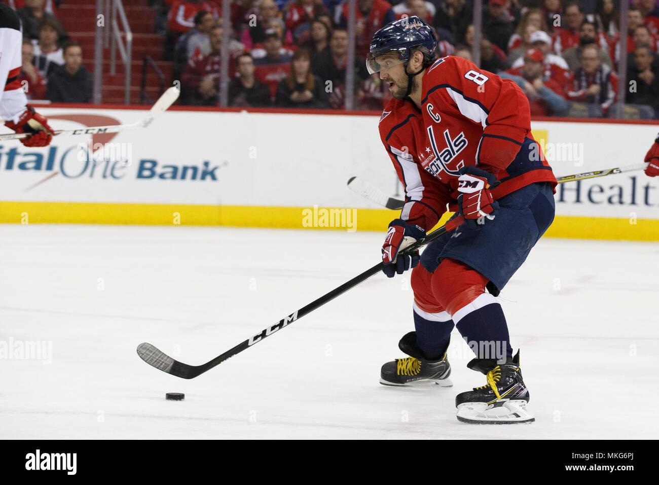 Washington Capitals left wing Alex Ovechkin (8) carries the puck. Stock Photo