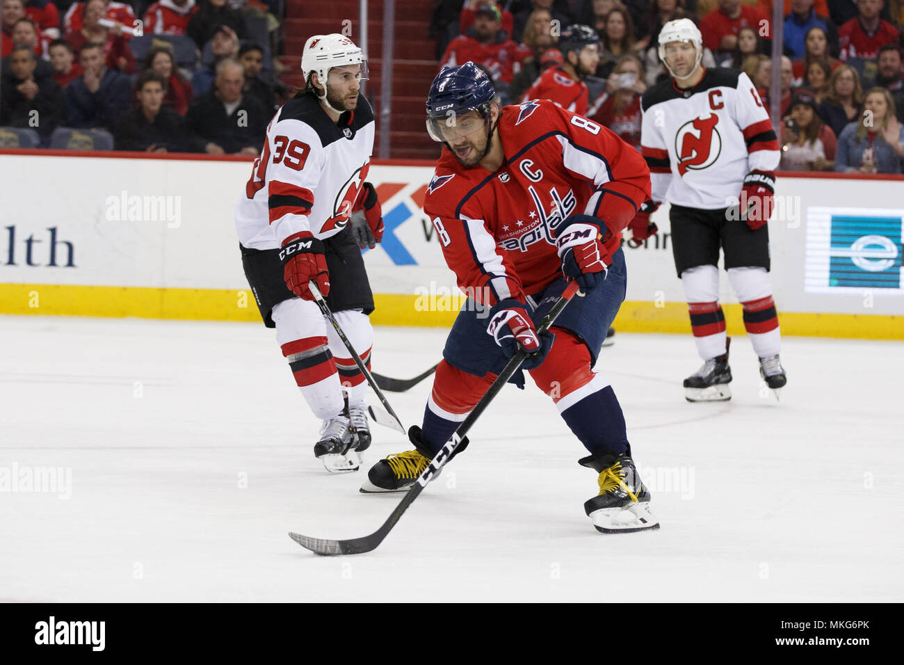 Washington Capitals left wing Alex Ovechkin (8) carries the puck. Stock Photo
