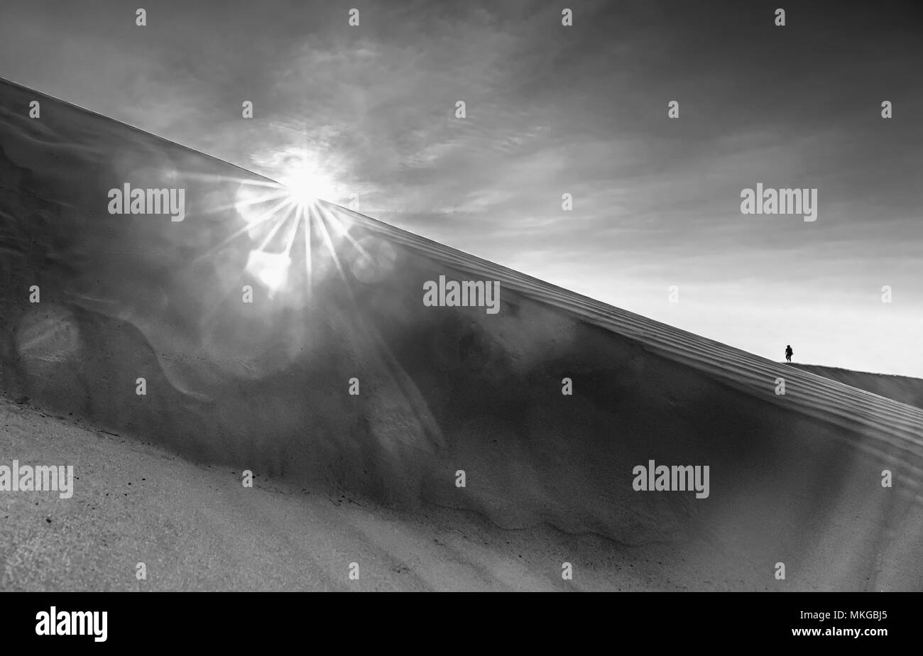 The dawn scene in the golden sand hill in the summer morning when the sun is at the top, far away from the tiny human figure standing watching the sun Stock Photo