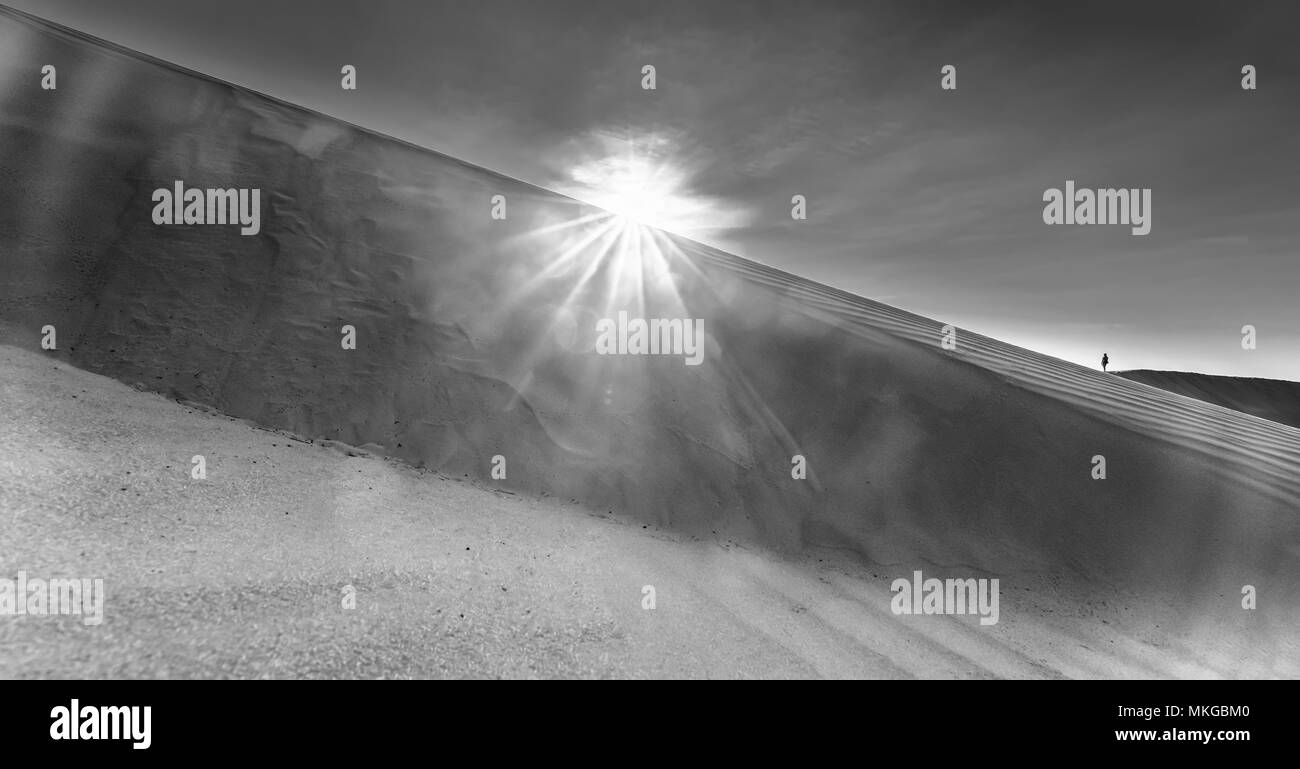 The dawn scene in the golden sand hill in the summer morning when the sun is at the top, far away from the tiny human figure standing watching the sun Stock Photo