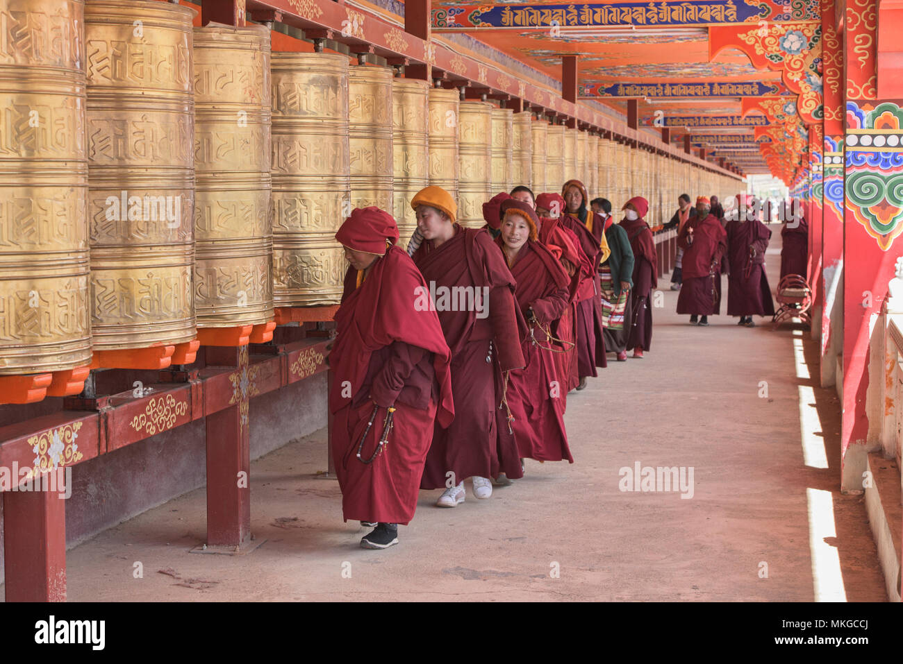 Tibetan nuns spinning prayer wheels, Yarchen Gar, Sichuan, China Stock