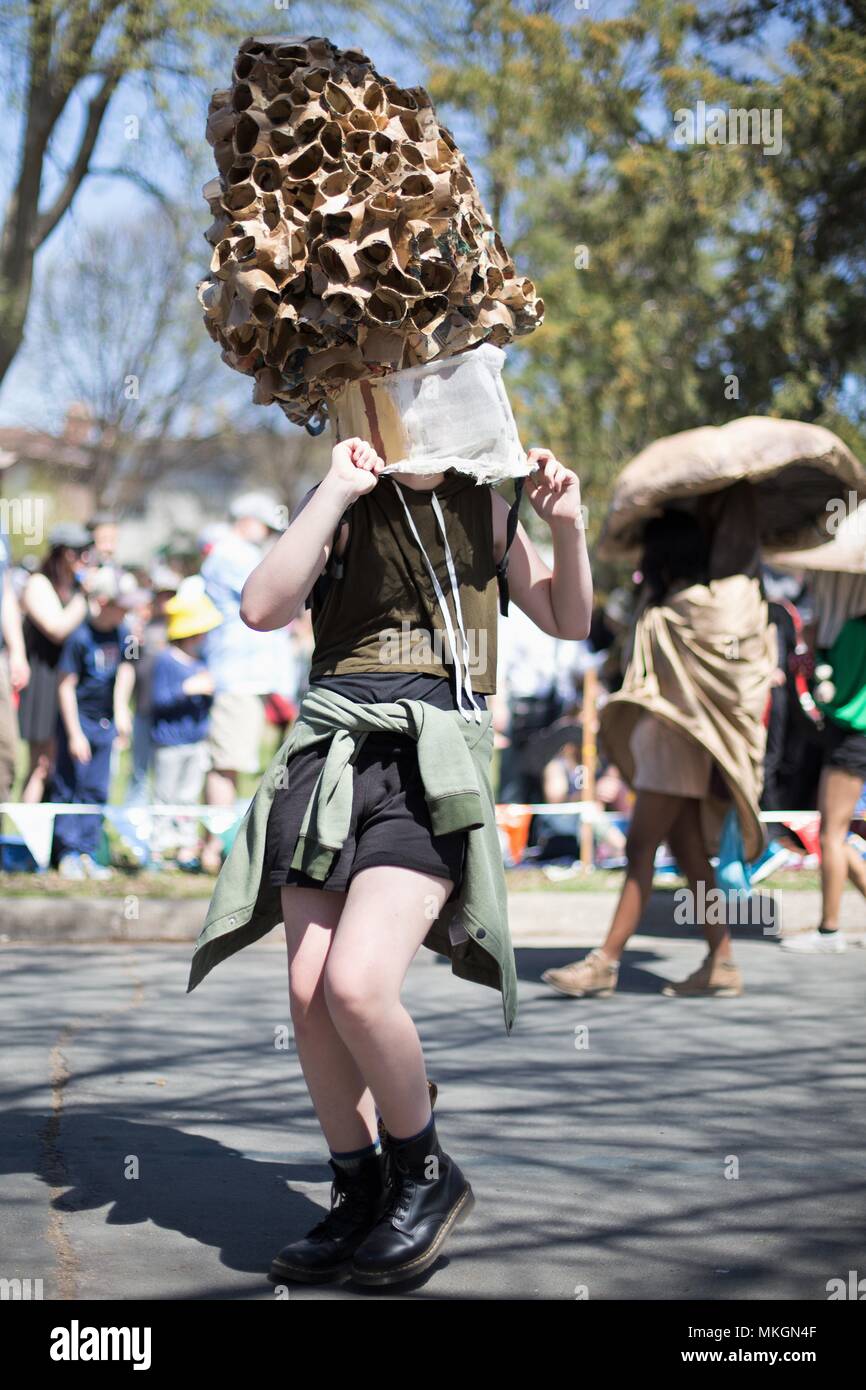A person dressed as a morel mushroom, at the May Day festival in