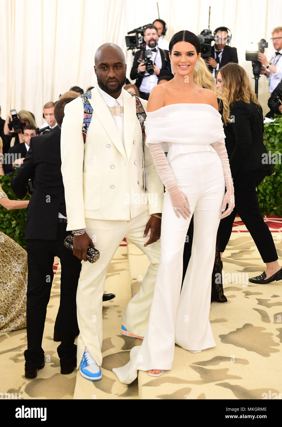 Virgil Abloh of Off-White walking the red carpet at The Metropolitan Museum  of Art Costume Institute Benefit celebrating the opening of Heavenly Bodies  : Fashion and the Catholic Imagination held at The