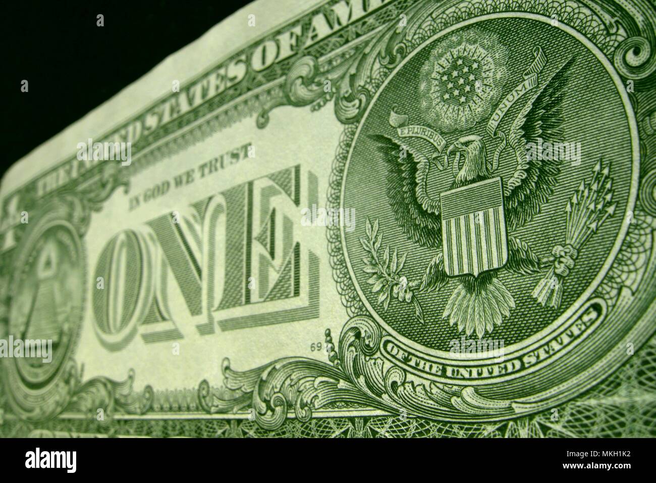 Low angle shot of the back of the US one dollar bill, featuring the American eagle. Stock Photo