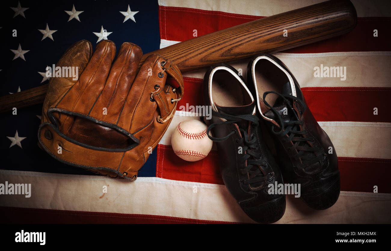 Vintage baseball gear on a American flag background Stock Photo Alamy