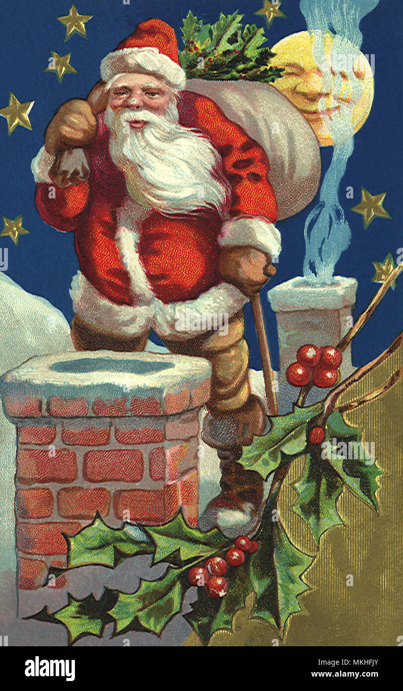Santa on Rooftop with Sack of Toys Stock Photo Alamy