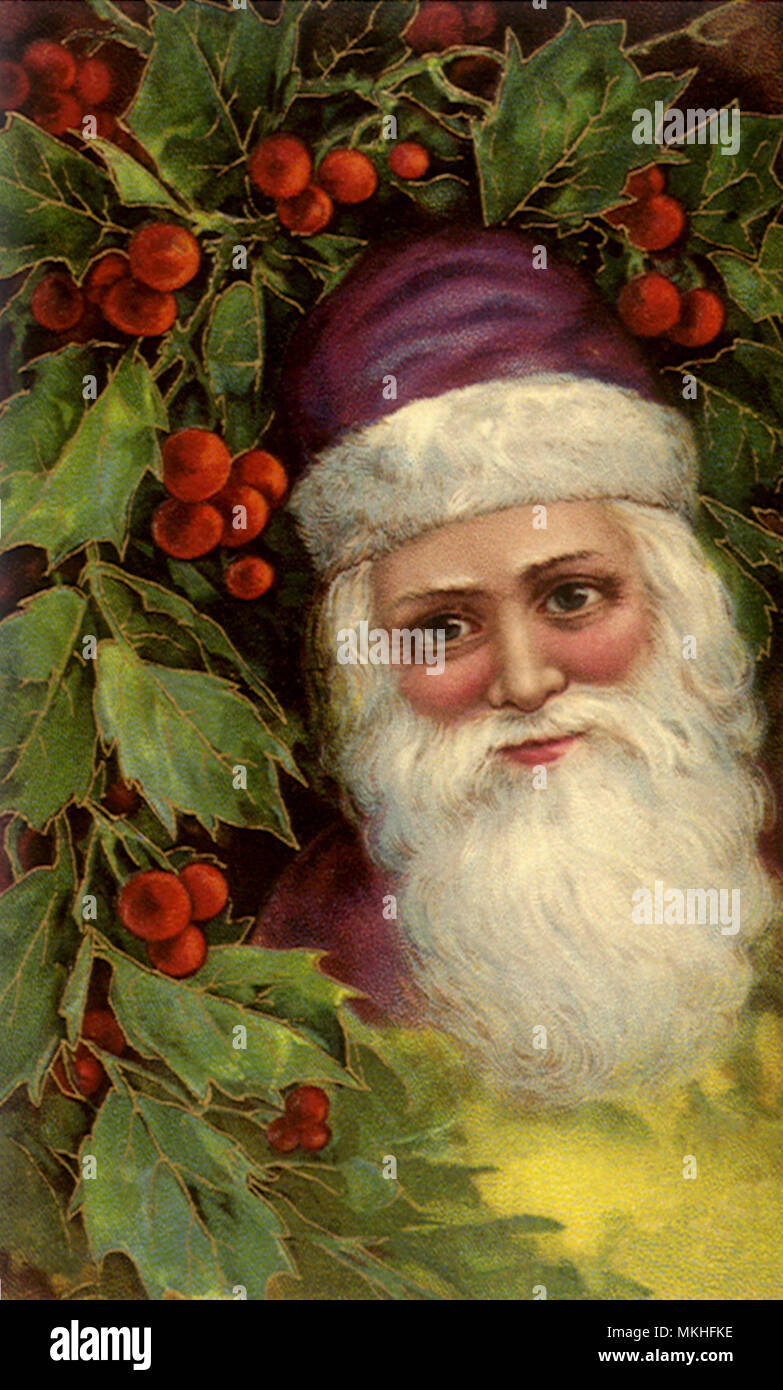 Santa in Purple Hat Surrounded by Holly Stock Photo