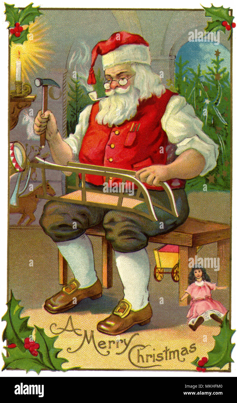 Santa Claus Repairing Sled in Workshop Stock Photo