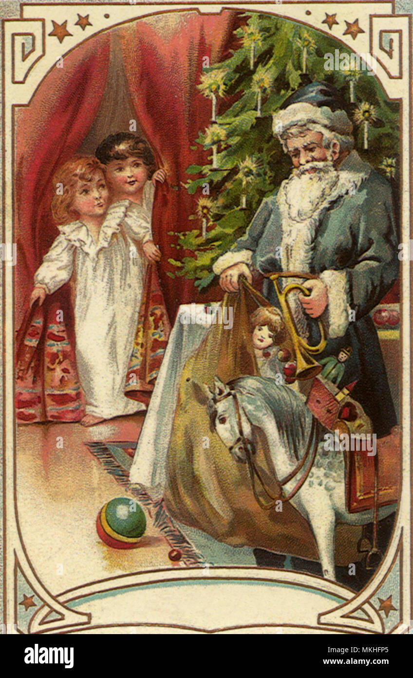 Blue Suited Santa Opens Sack of Toys Stock Photo - Alamy