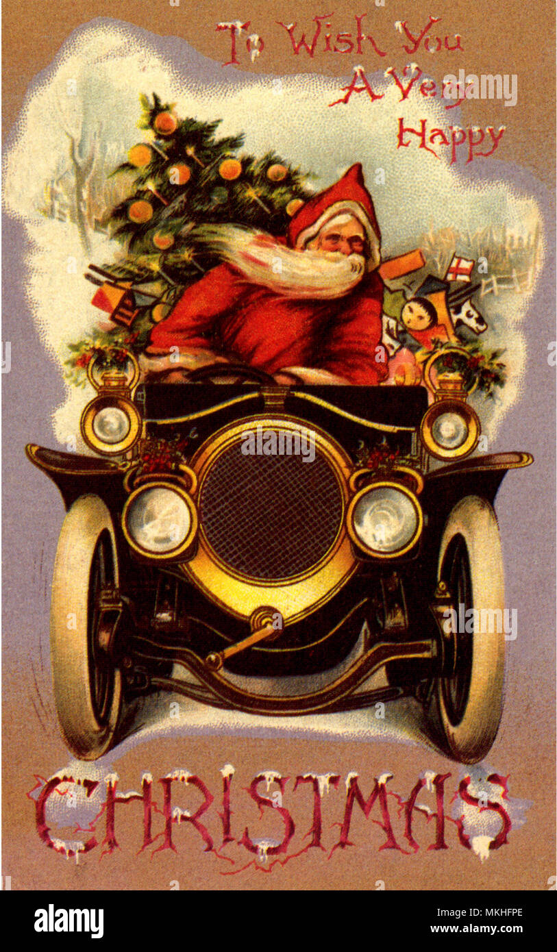 Santa Drives Car Towards Viewer Stock Photo