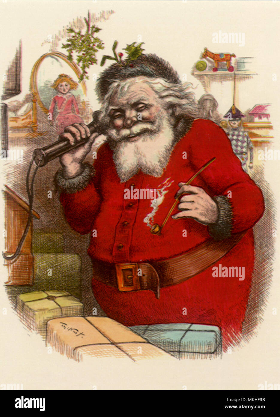 Santa smokes Pipe and Talks on Phone Stock Photo