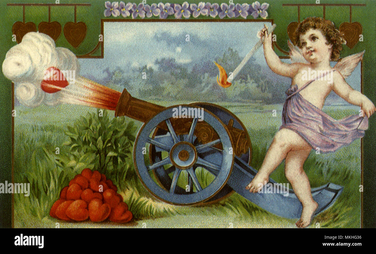 Cupid Firing hearts from a Cannon Stock Photo
