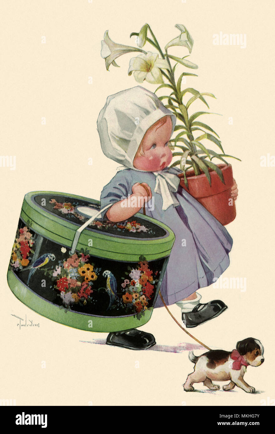 Toddler with Lilies and Small Dog Stock Photo