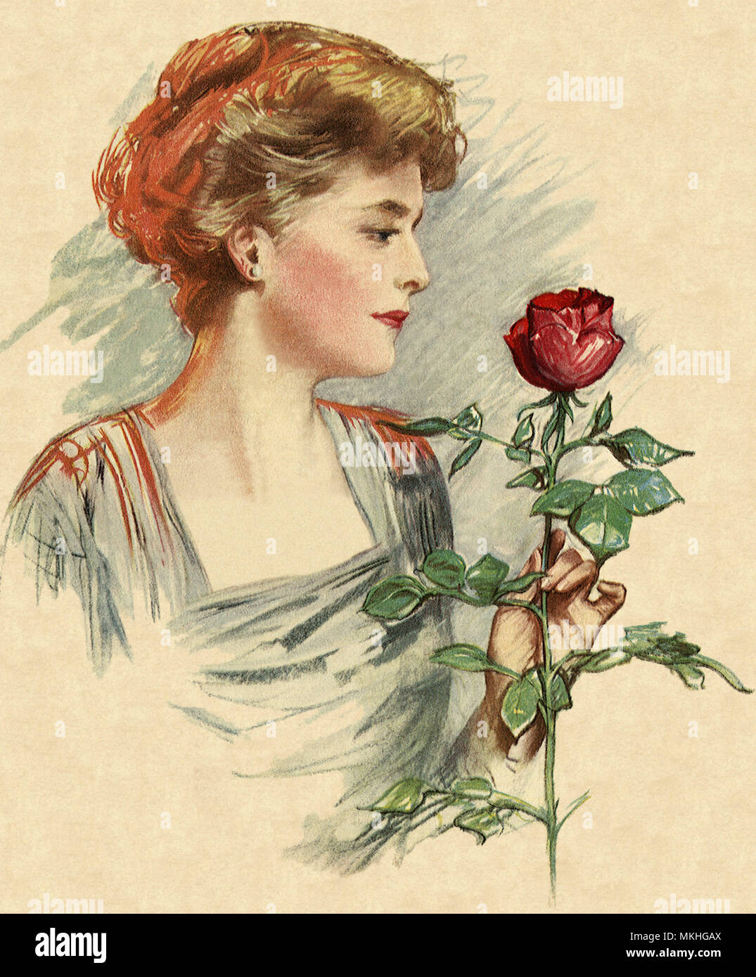 Woman with a Single Red Rose Stock Photo - Alamy