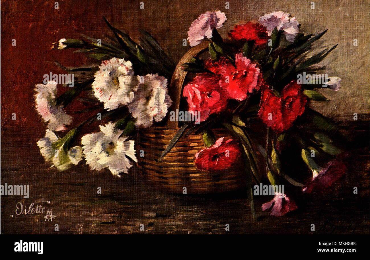 White and Red Carnations in a Basket Stock Photo
