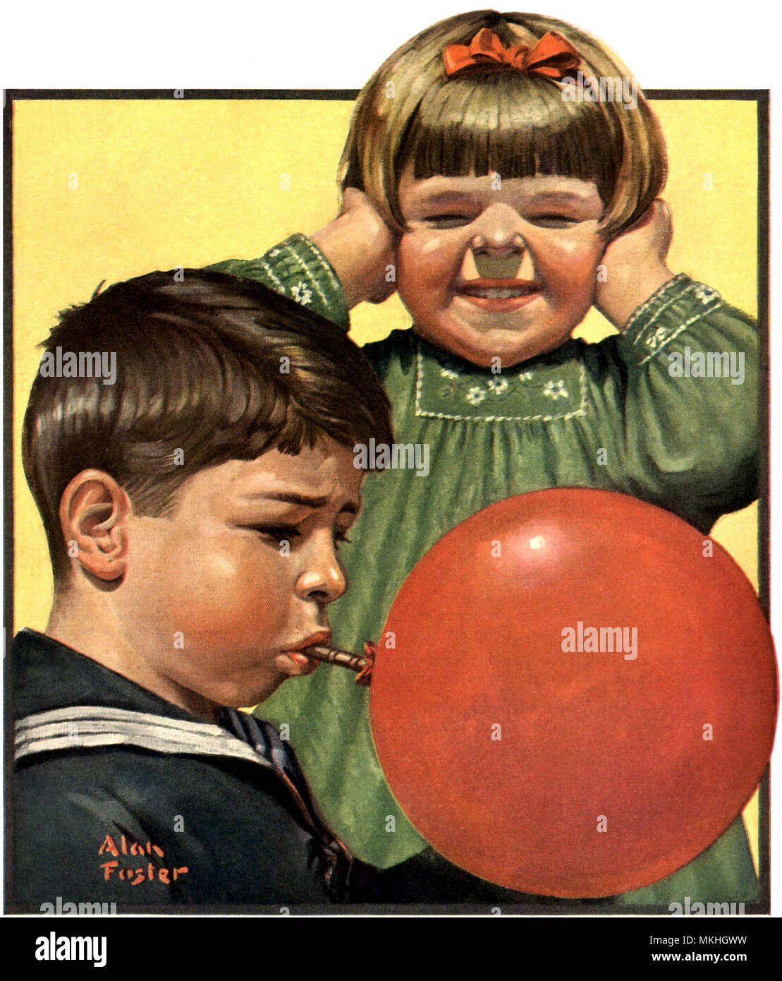 Boy Blowing Up Balloon Stock Photo