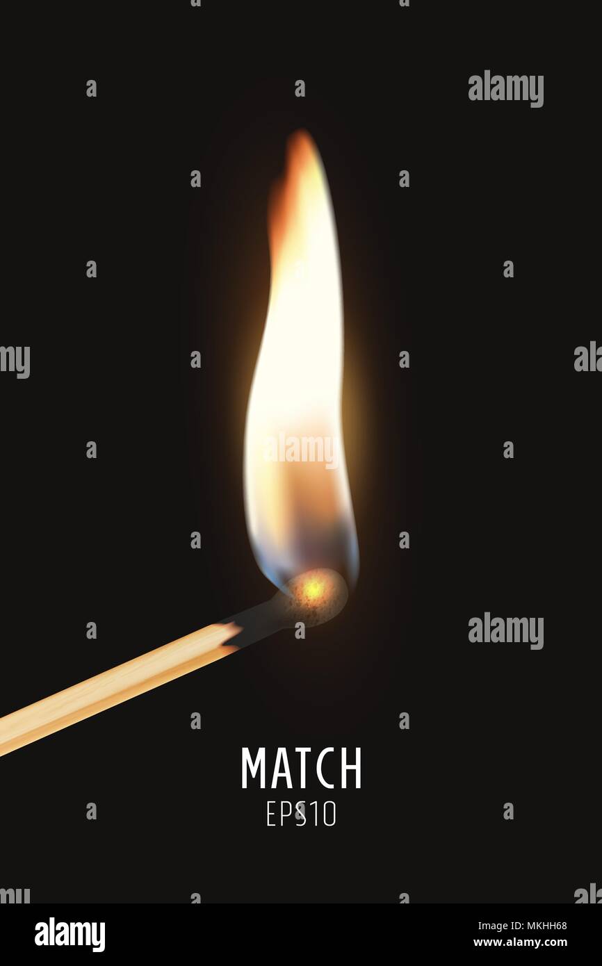 Vector 3d realistic burning match stick icon closeup on dark background ...