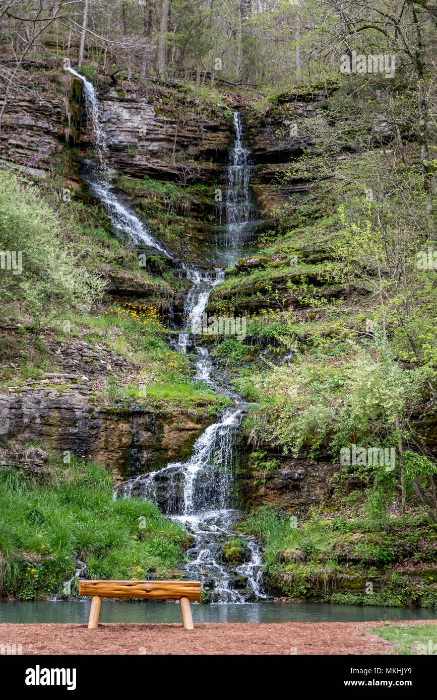 Two waterfalls symbolically become one in Dogwood Canyon Nature Park, a popular location for wedding photos and proposals near Branson, Missouri, USA. Stock Photo