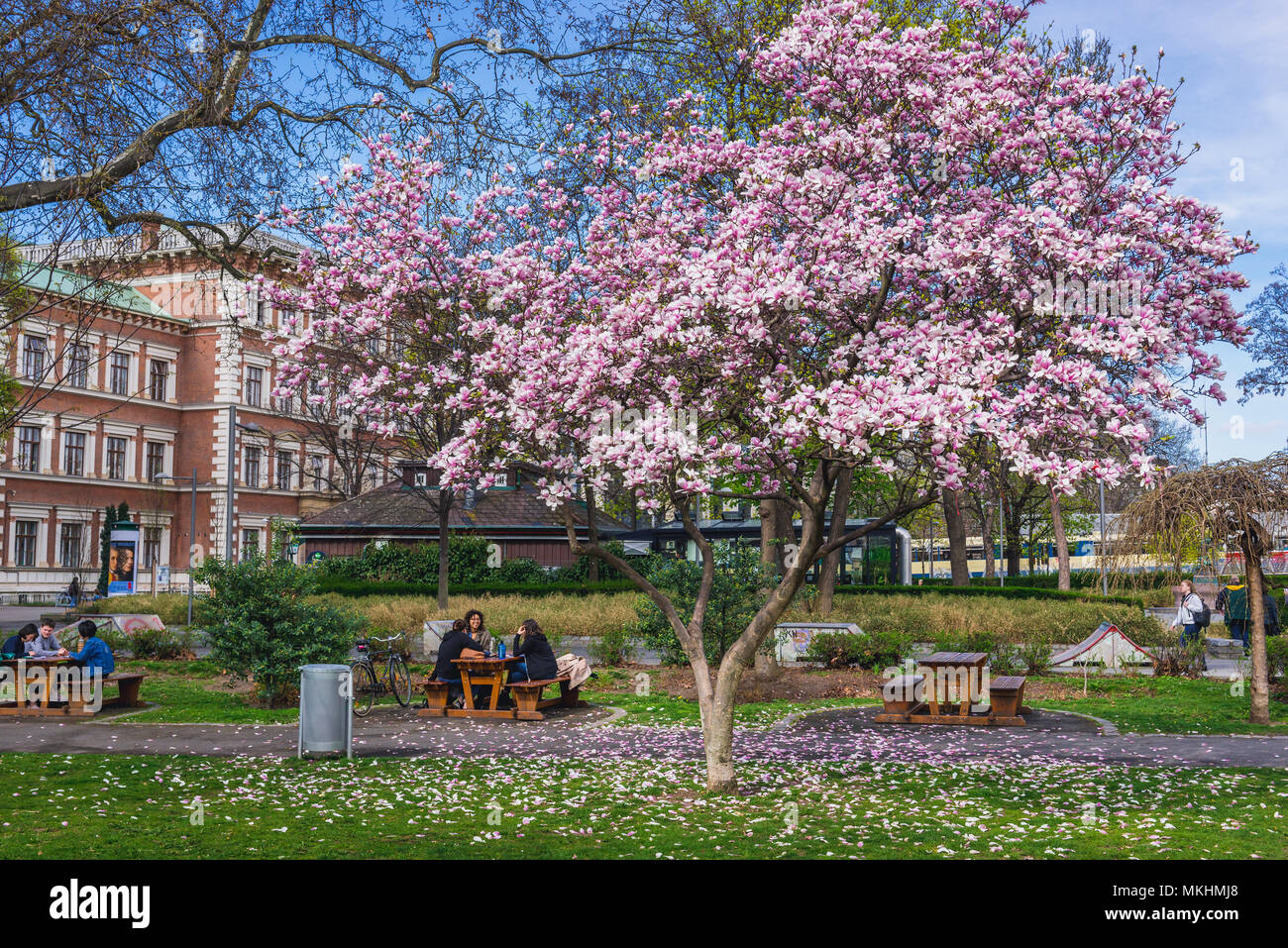 Resselpark at Karlsplatz in Vienna, Austria with Evangelical Vienna