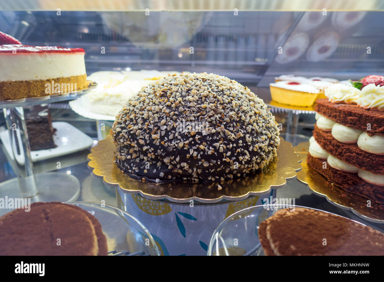 Cakes on display at cafe in italay Stock Photo