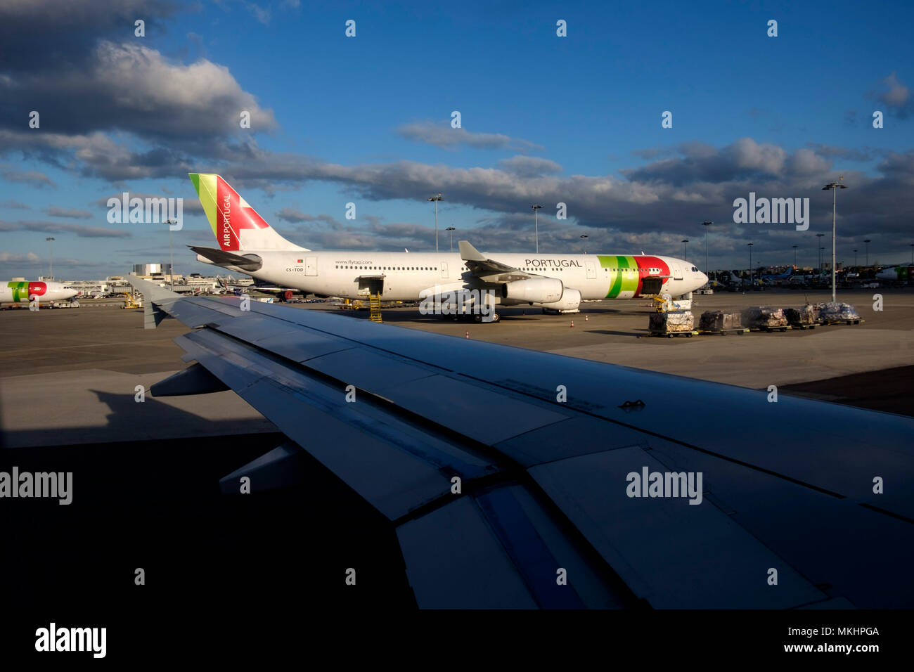 TAP airplane at the Portela Airport runway in Lisbon, Portugal Stock Photo