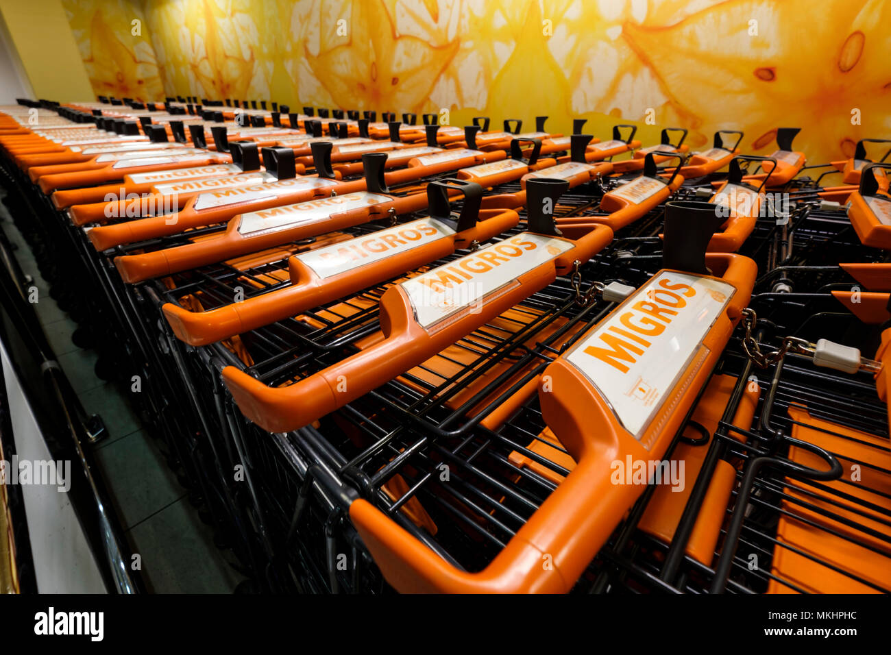 Migros supermarket trolley carts in Switzerland, Europe Stock Photo