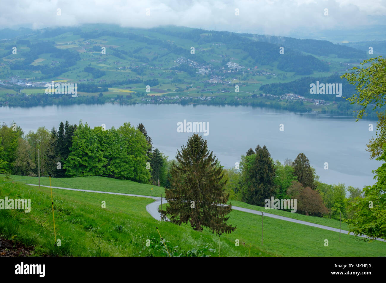 Elevated view of Lake Zug from Zugerberg mountain, Zug, Switzerland, Europe Stock Photo