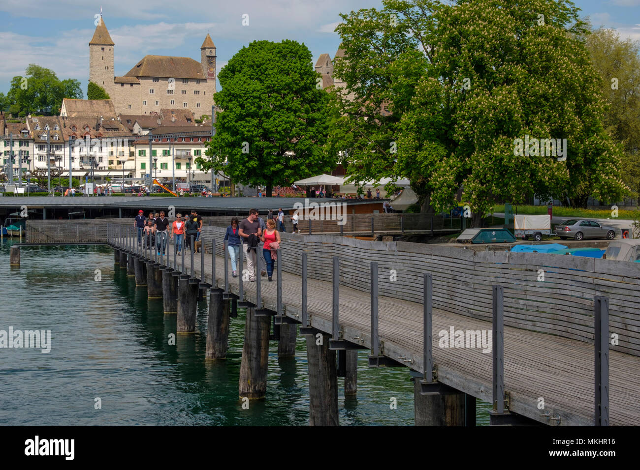 Holzbrücke Rapperswil-Hurden - wooden pedestrian bridge from Rapperswill to Hurden Stock Photo