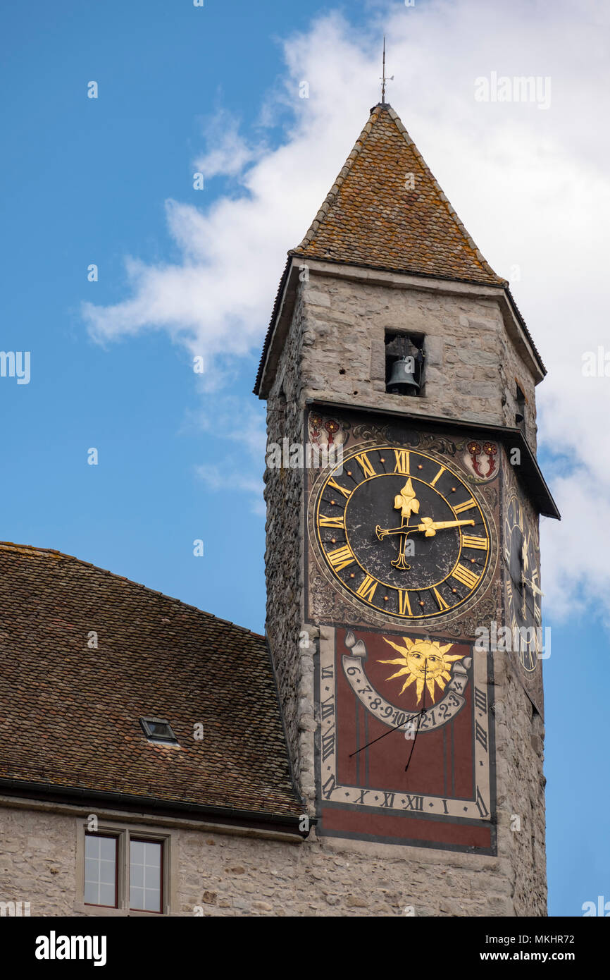 Clock tower of the Rapperswil castle in Rapperswil, Switzerland, Europe Stock Photo