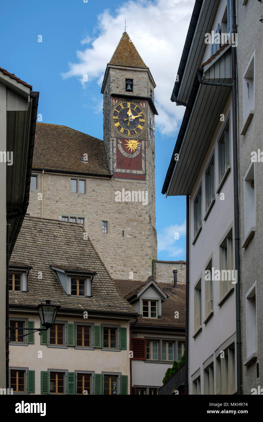 Clock tower of the Rapperswil castle in Rapperswil, Switzerland, Europe Stock Photo
