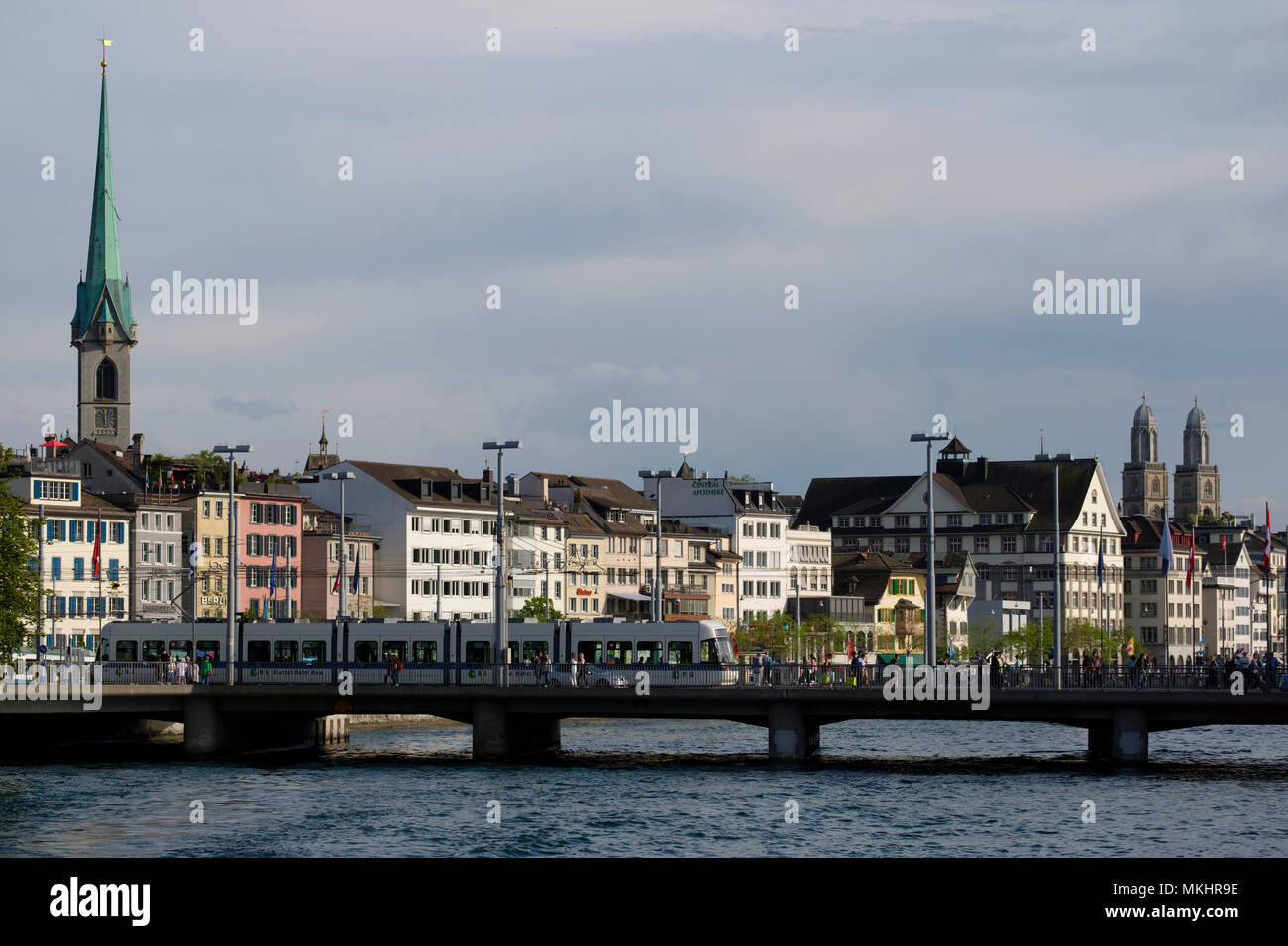 Scenic view of Zurich and the Bahnhofbrücke bridge over the Limmat river, Zurich, Switzerland, Europe Stock Photo