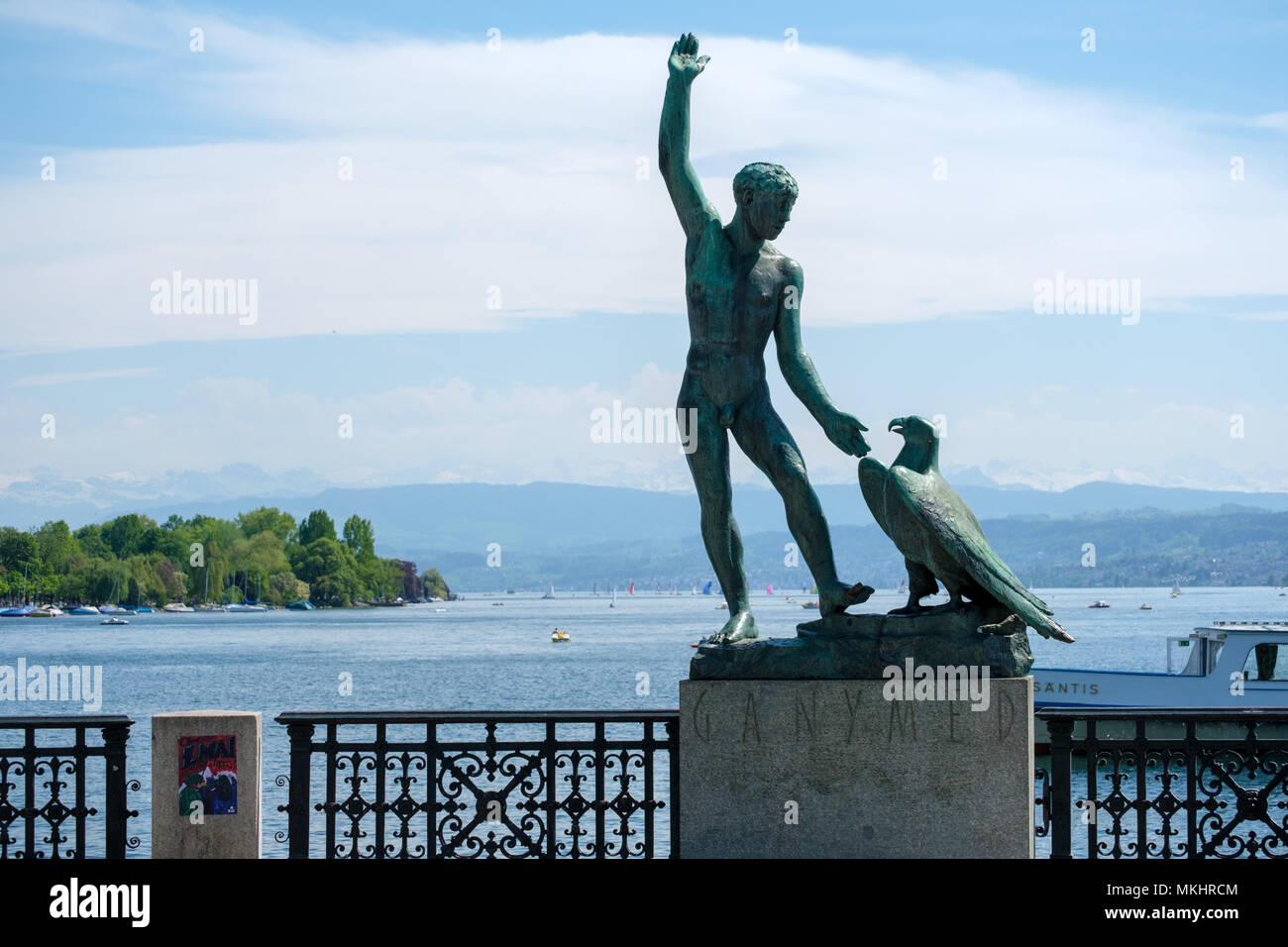 Ganymed statue in front of Lake Zurich, in Zürich, Switzerland, Europe Stock Photo