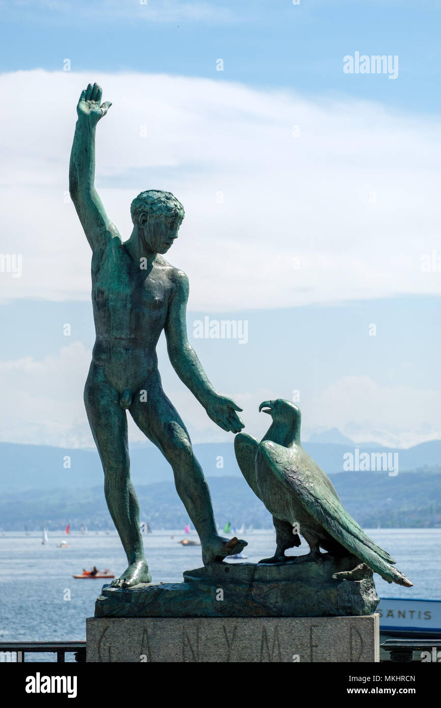 Ganymed statue in front of Lake Zurich, in Zürich, Switzerland, Europe Stock Photo