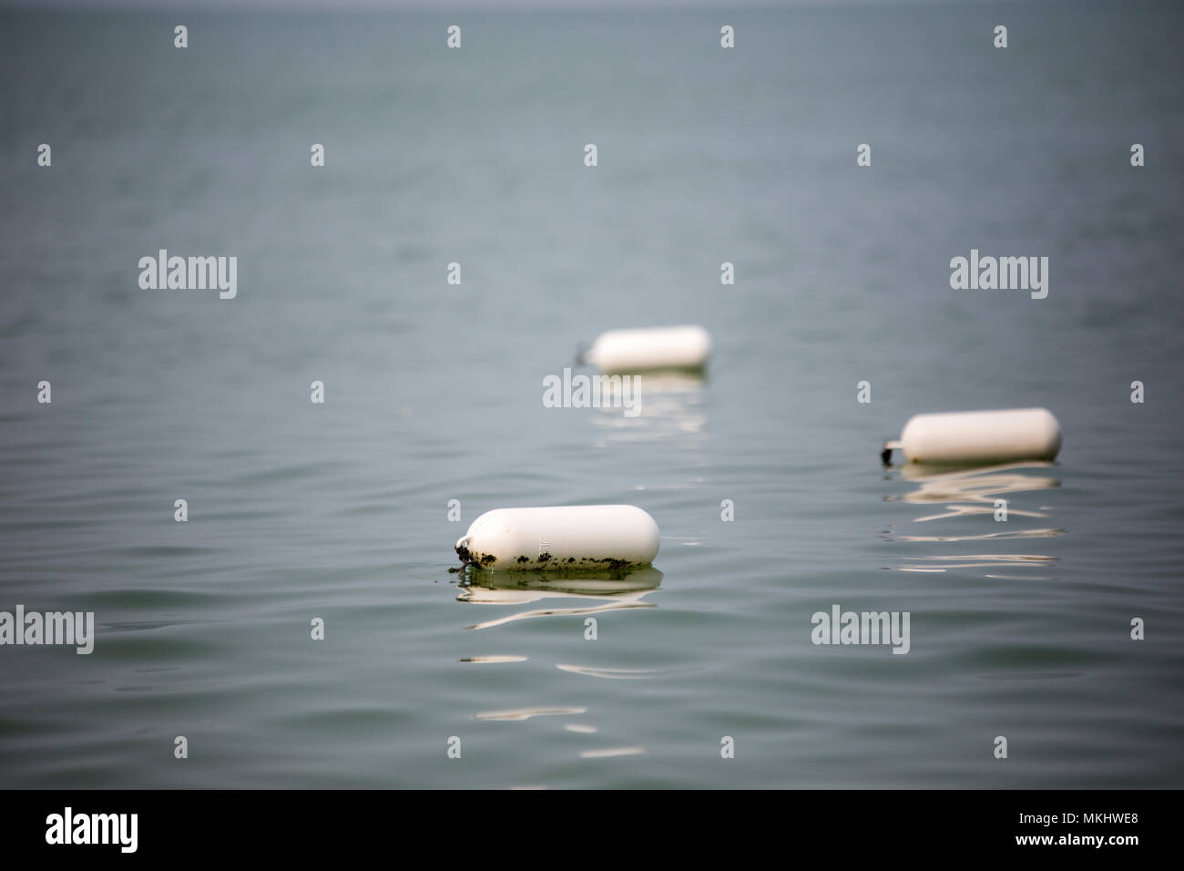 White cylinder shaped float marker floating on sea water surface Stock