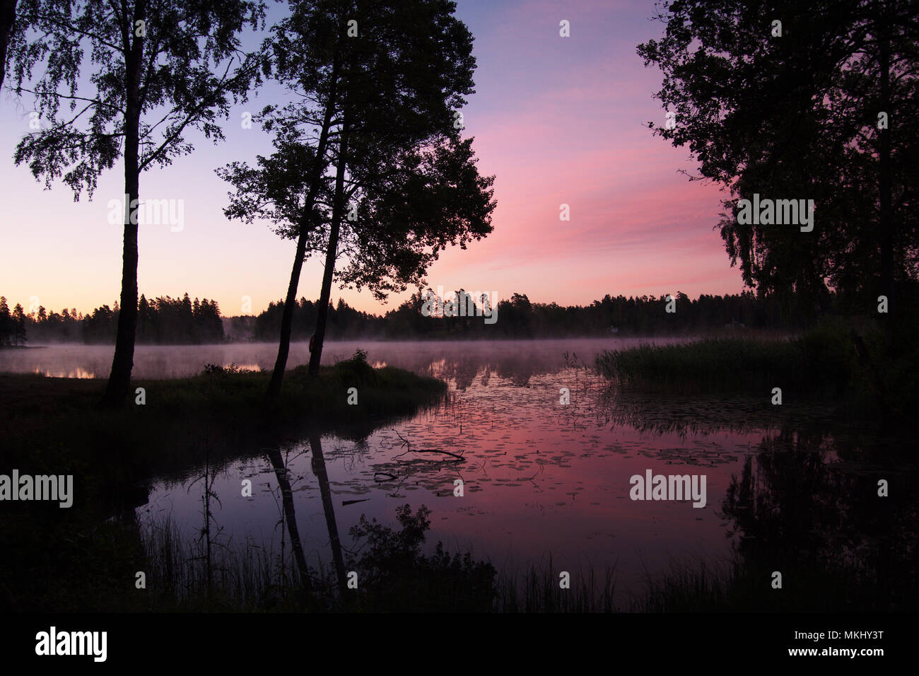 Sunrise over a misty  lake near Jönköping, Sweden during the summer solstice. Stock Photo