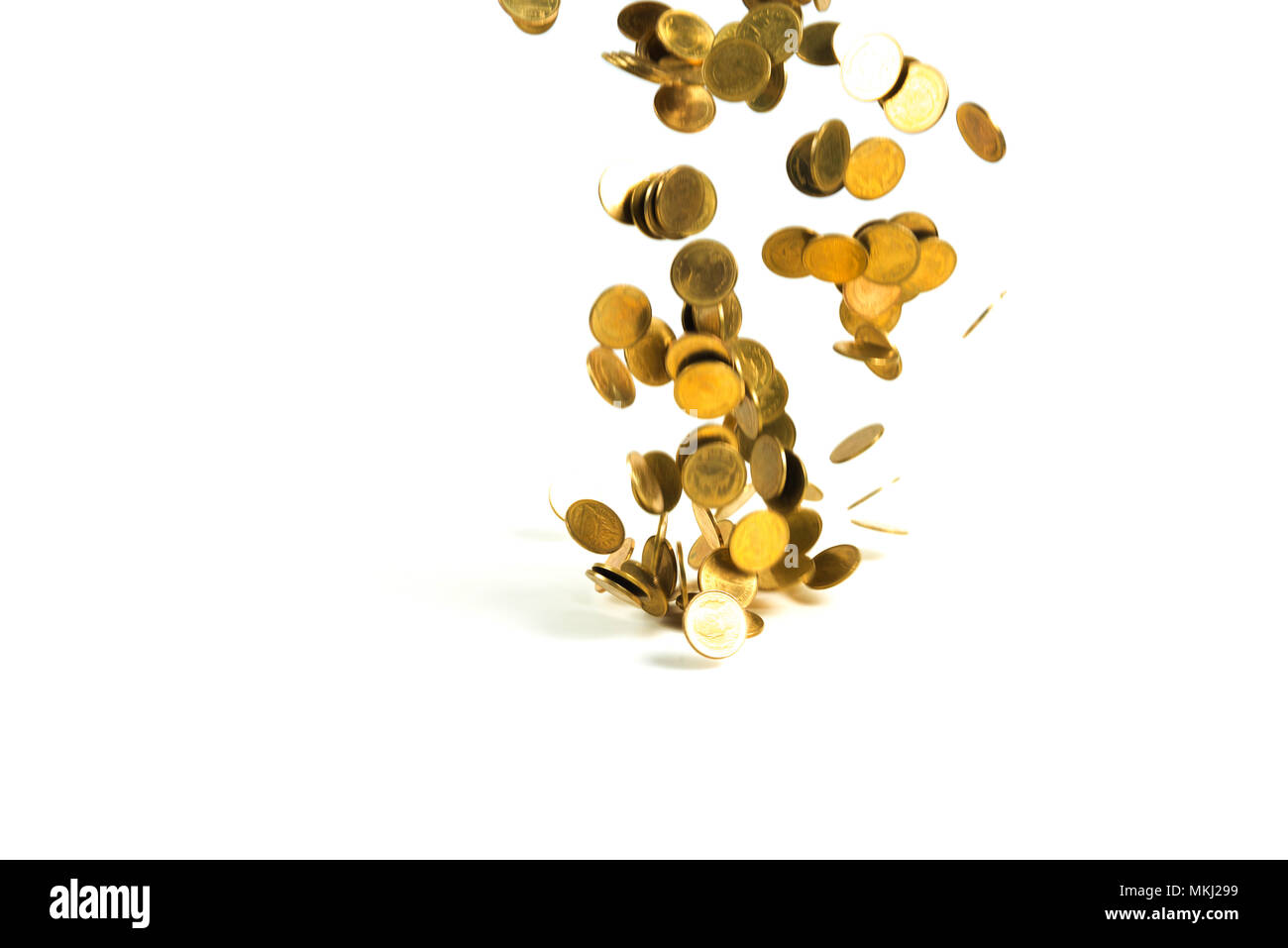 Falling gold coins money isolated on the white background, business ...