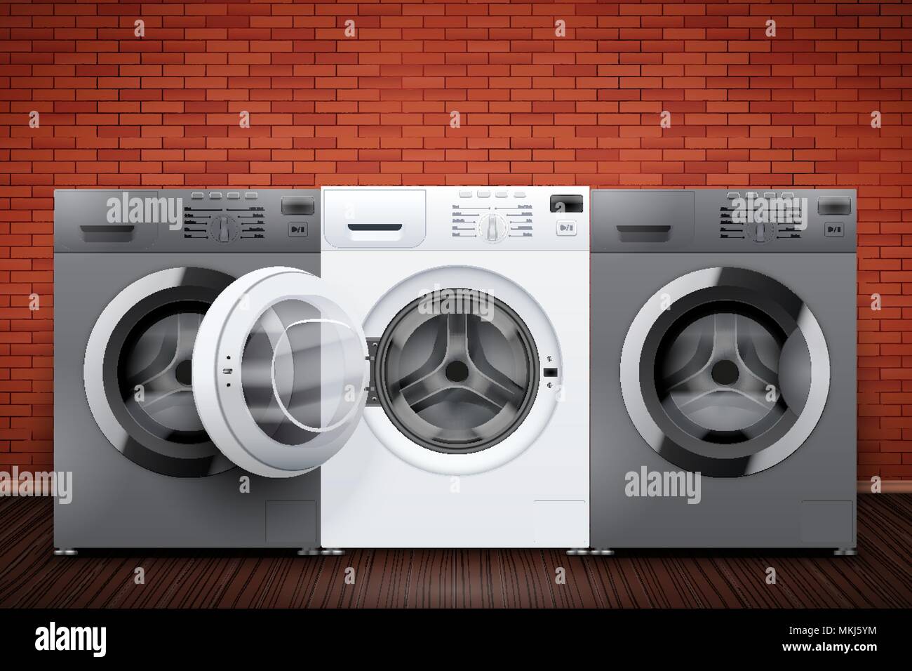 Laundry room interior with washing machines on red brick wall background. The concept of modern equipment for home laundry and household appliances. V Stock Vector