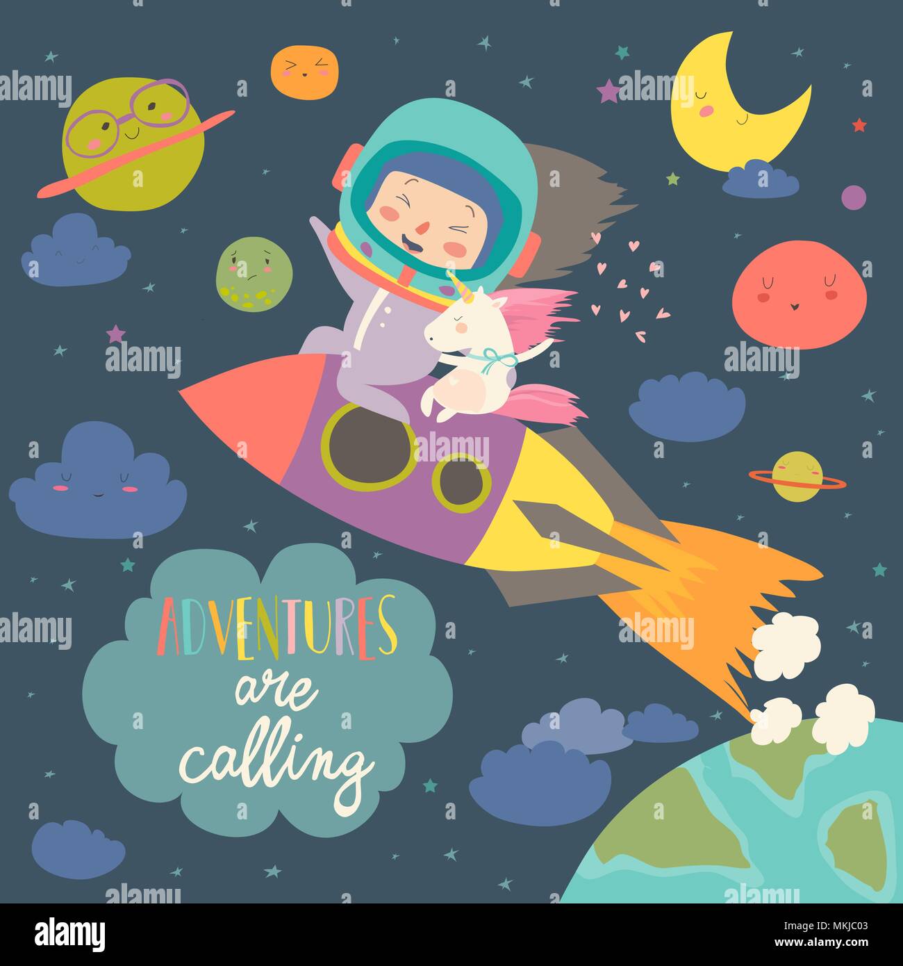 Girl astronaut with her unicorn riding a rocket Stock Vector