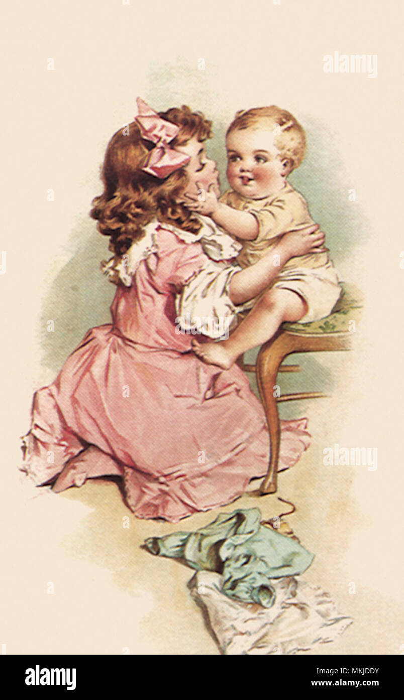 Girl Embraces Infant Stock Photo
